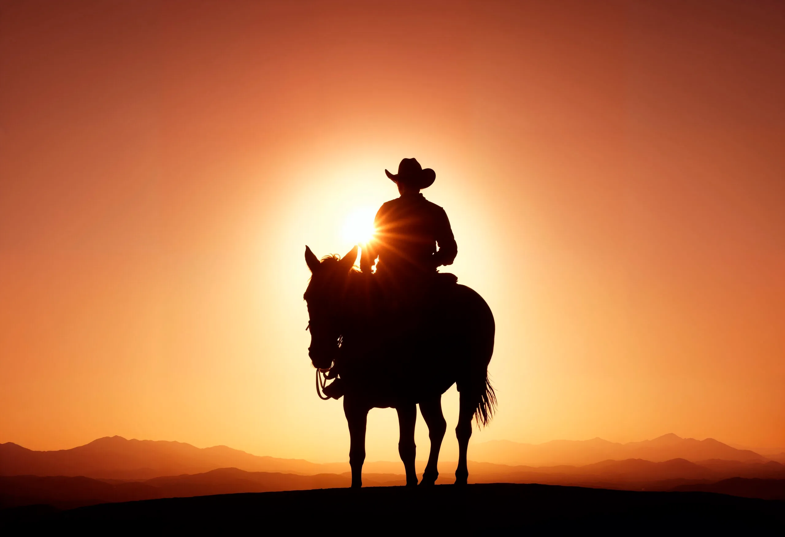 A lone cowboy on horseback silhouetted against a desert sunset.
